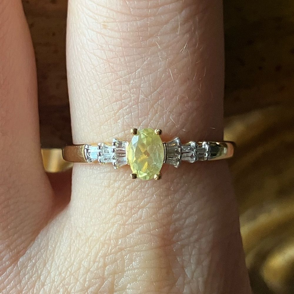 Natural Yellow Apatite White Diamond Sterling Silver Ring Size 10